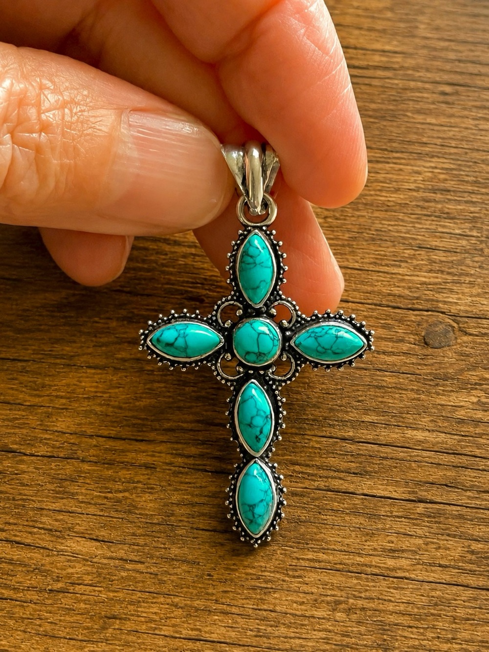 Dainty Turquoise 925 Silver Cross 2” Pendant